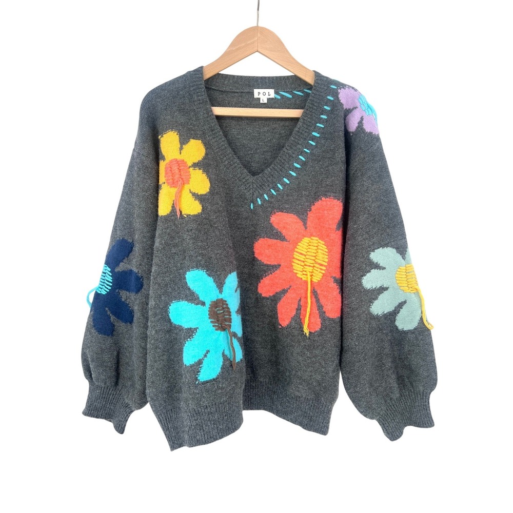 POL Good Mood V-Neck Sweater Womens Large Gray Floral Embroidered Oversized